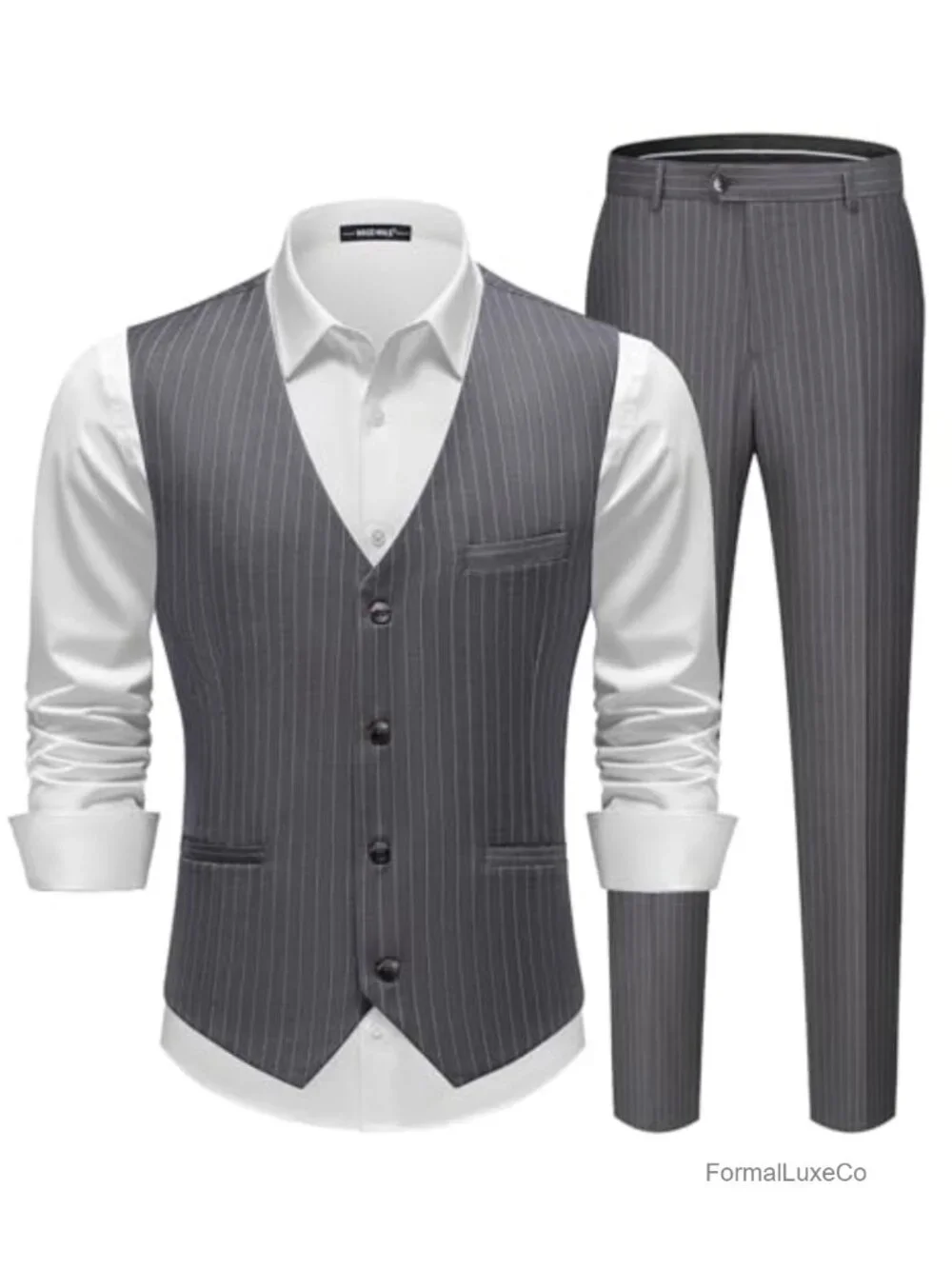 Men's Pinstripe Suit 2 Piece Vest and Pants Set Slim Fit Wedding Groomsmen Prom